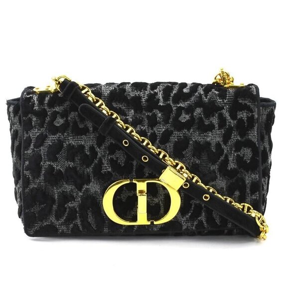 Auth Christian Dior Leopard Caro Shoulder Bag Gray/Black Velvet/Canvas - Picture 1 of 16